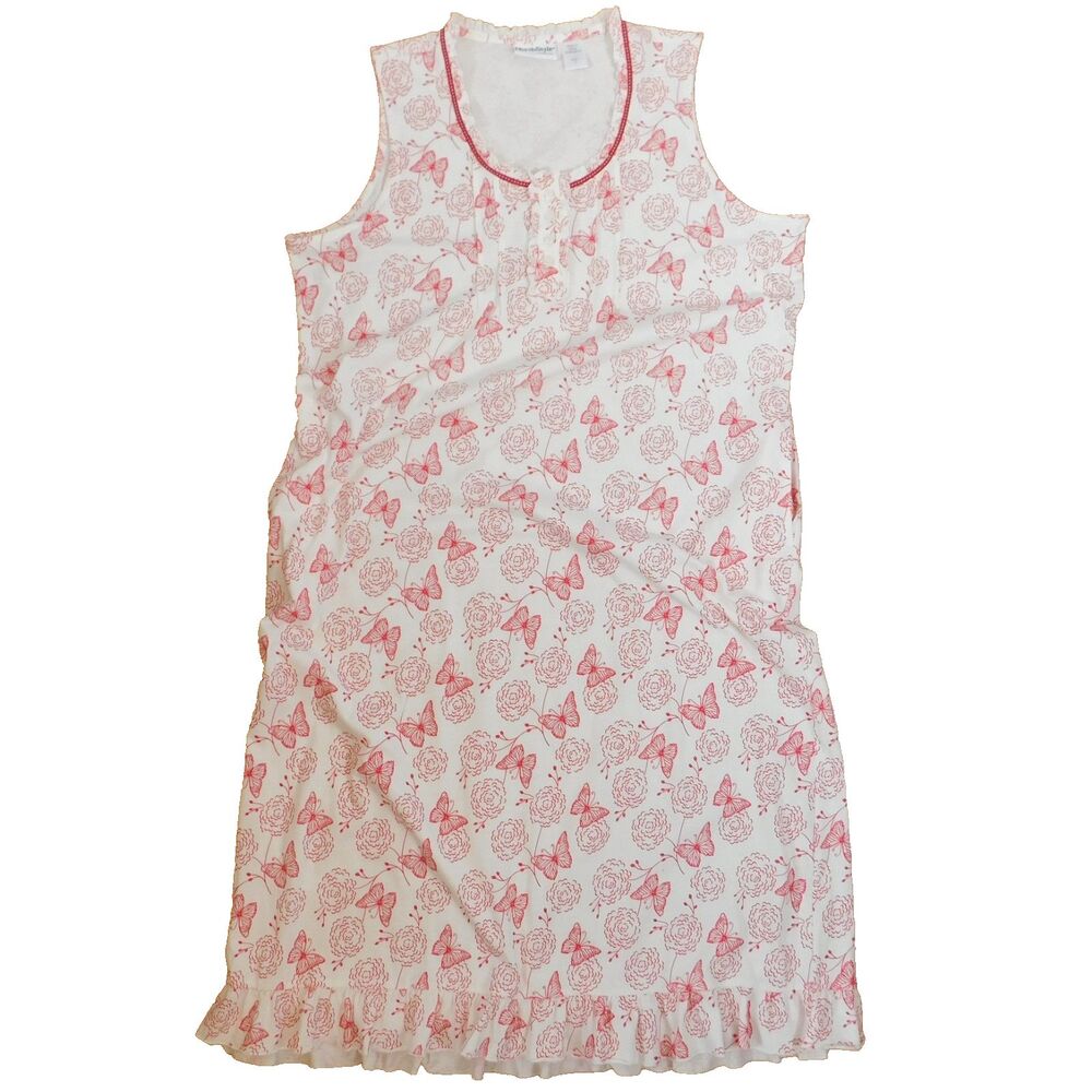 NorthStyle Nightgown Cotton Sleeveless Summer Pajamas Butterflies Red White MINT